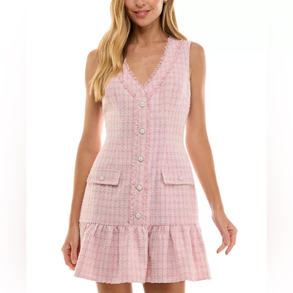 City Studios Juniors' Tweed Ruffled Mini Pink Dress